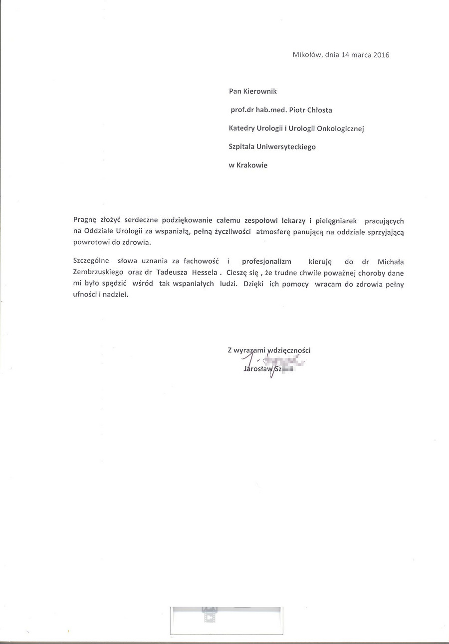 podziekowania dla zespolu lekarzy i pielegniarek z oddzialu urologii i urologii onkologicznej
