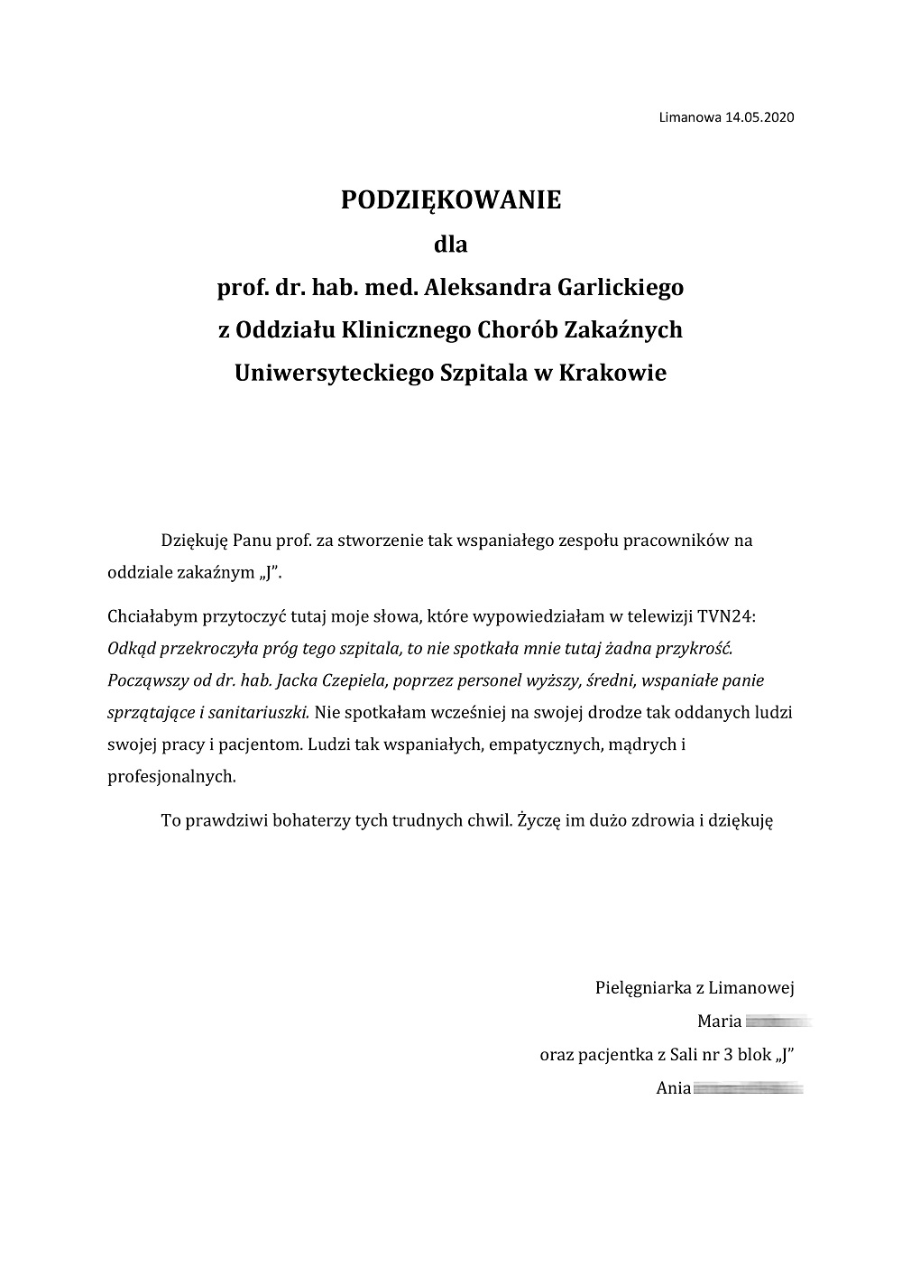 Podziękowanie dla prof. dr hab. med. Aleksandra Garlickiego 1