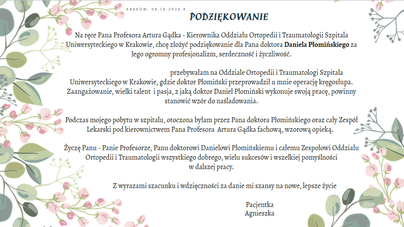 Podziekowanie dla doktora Daniela Płominskiego z Oddziału Ortopedii i Traumatologii