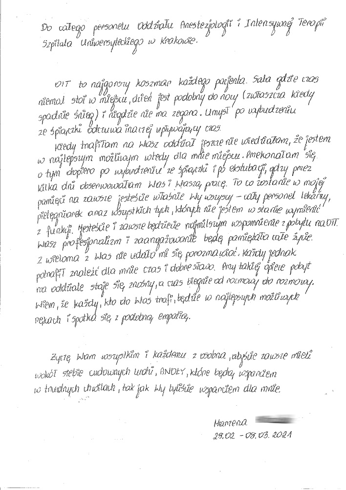 Podziękowania dla Oddziału Klinicznego Anestezjologii i Intensywnej Terapii