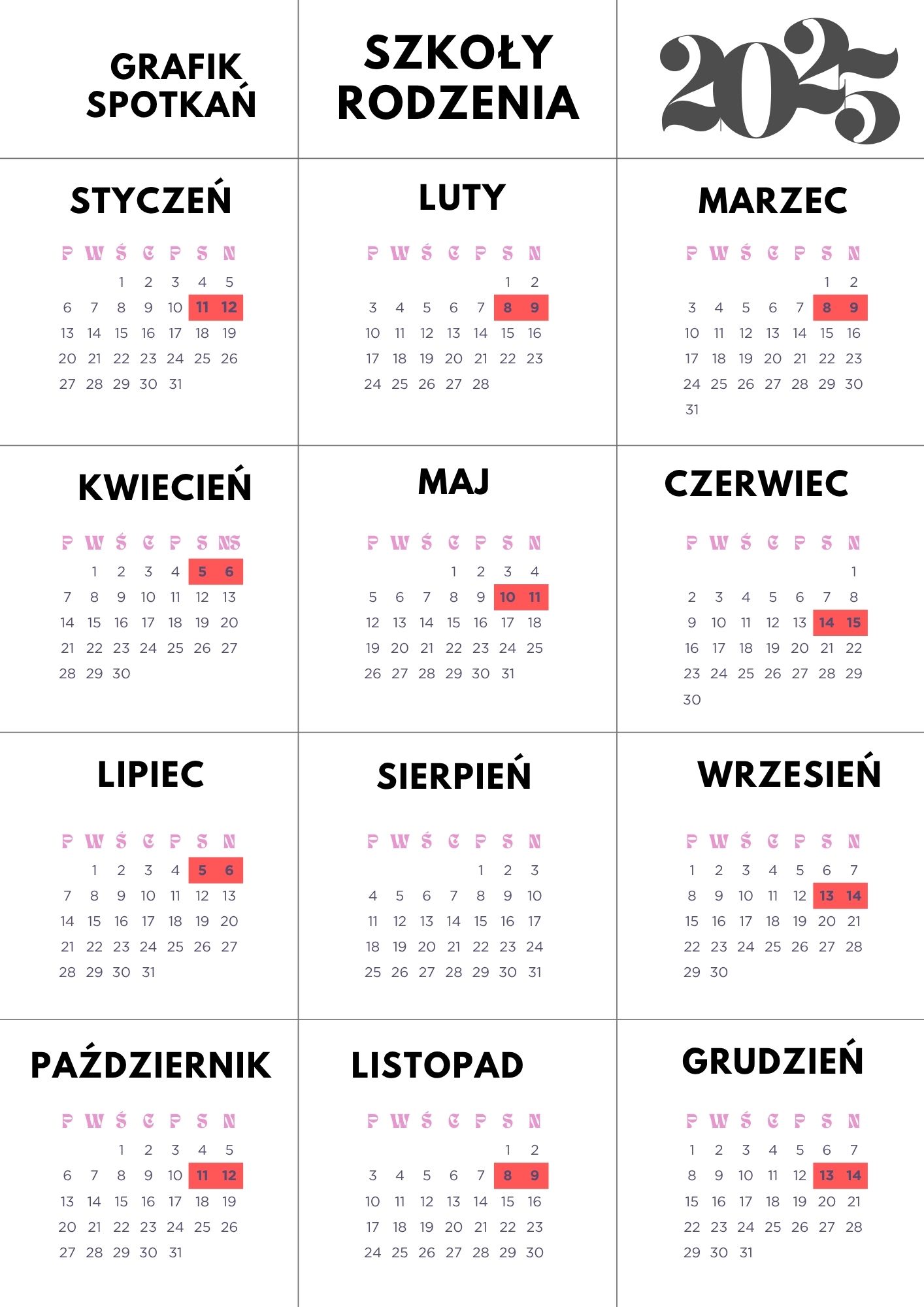 2025 Calendar Planner szkoła rodzenia