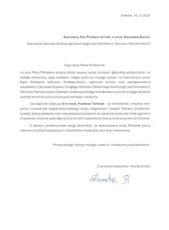 Podziękowania dla oddziału klinicznego Kardiologii oraz interwencji sercowo naczyniowych