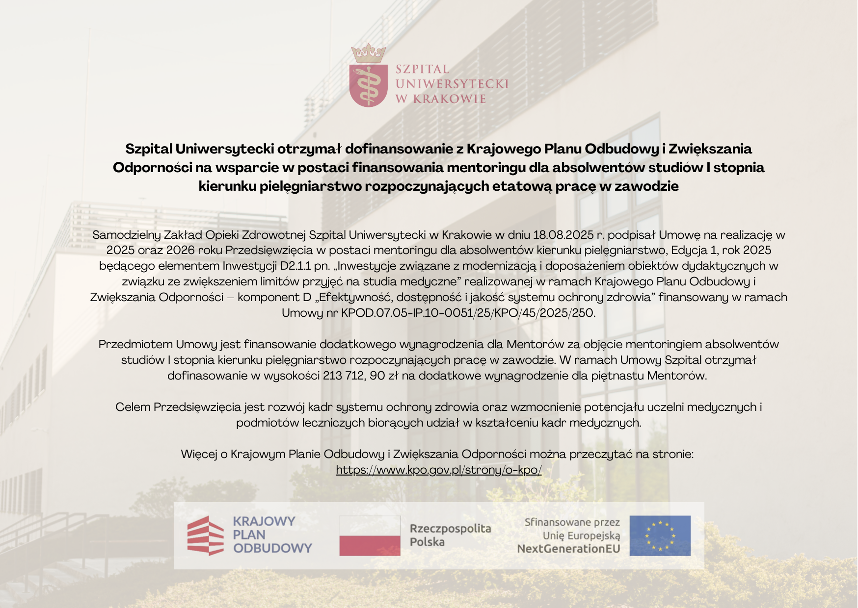 Dofinansowanie na wsparcie mentoringu dla absolwentów studiów I stopnia kierunku pielęgniarstwo