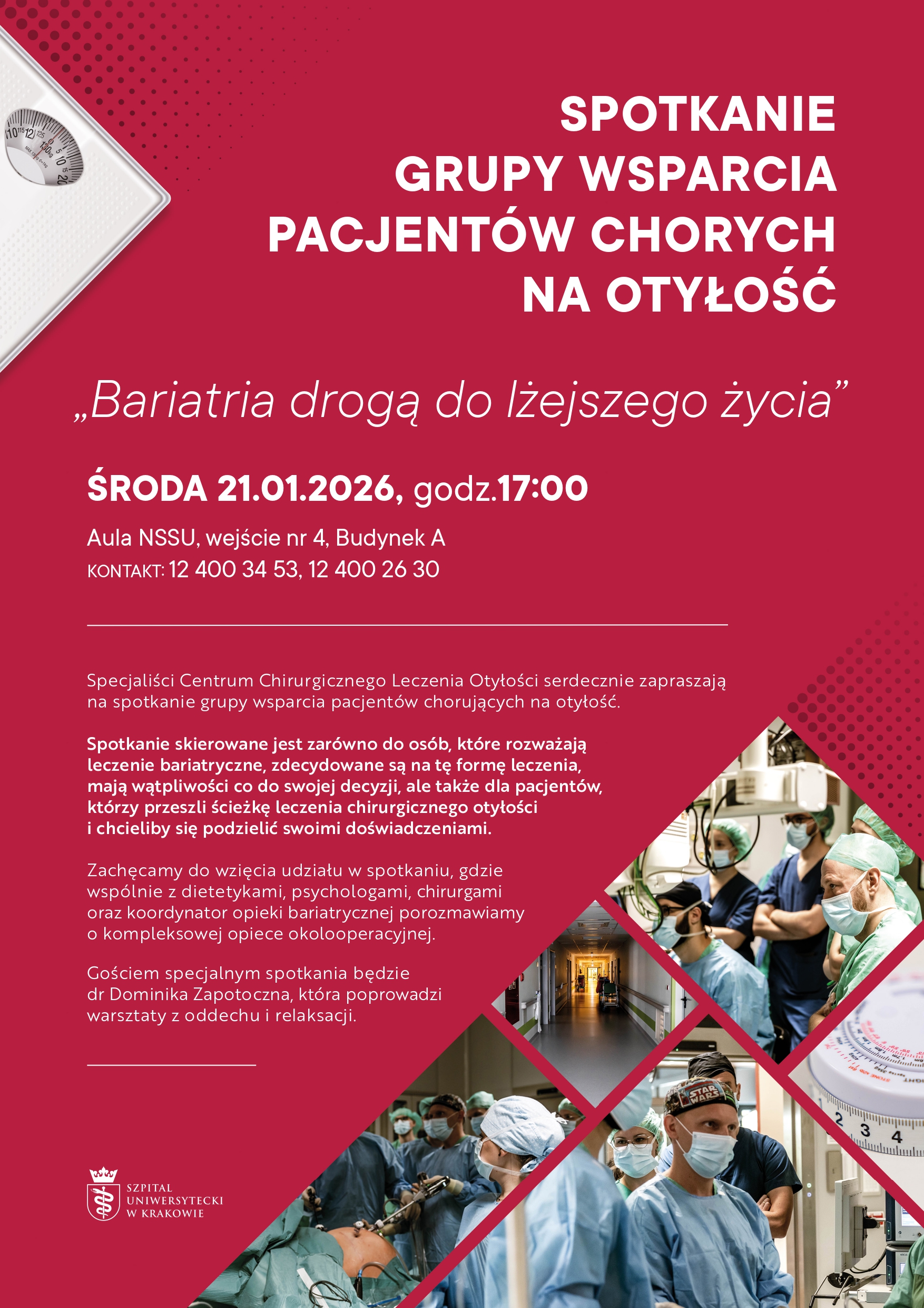 Spotkanie grupy wsparcie dla Pacjentów chorujących na otyłość - zaproszenie - 21 stycznia o godz. 17:00 w Auli NSSU przy ul. Jakubowskiego 2 (wejście nr 4) 