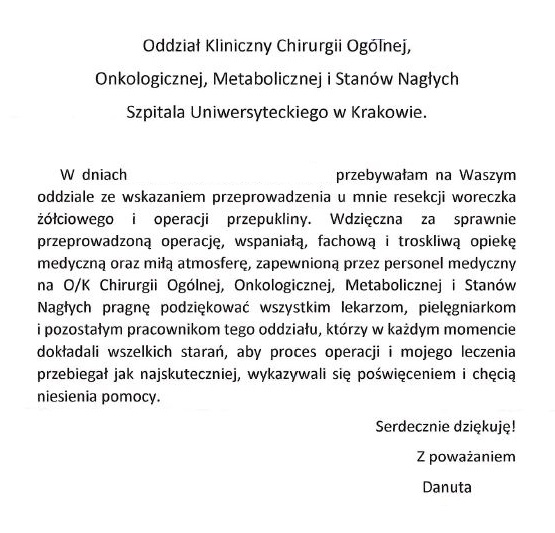 Podziękowania dla O/K Chirurgii Ogólnej, Onkologicznej, Metabolicznej i Stanów Nagłych