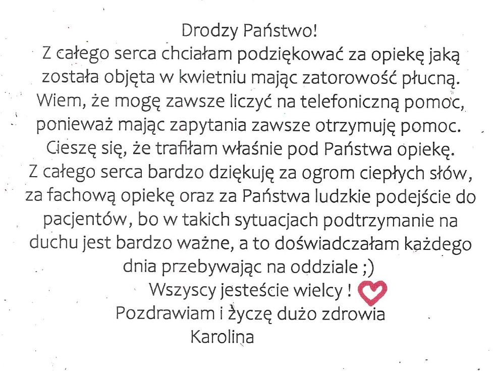 podziękowania dla O/K Kardiologii oraz Interwencji Sercowo-Naczyniowych