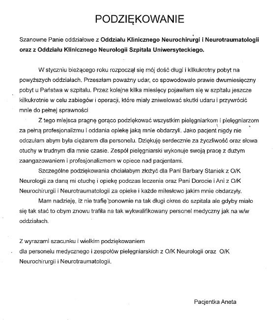 Podziękowania dla O/K Neurochirurgii i Neurotraumatologii