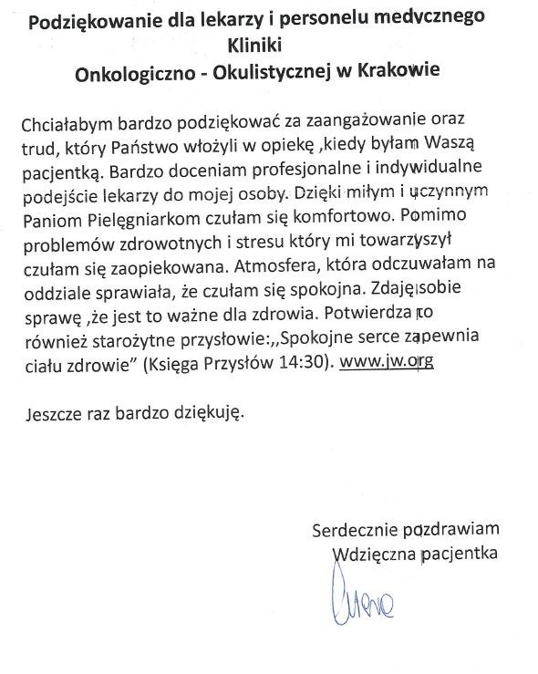 Podziękowania dla Oddziału Okulistyki i Onkologii Okulistycznej