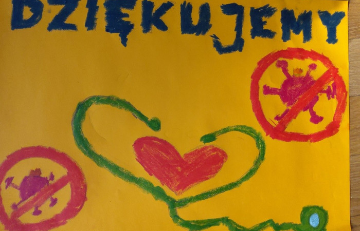 Rysunek dziecka - serce, słowo dziękujemy