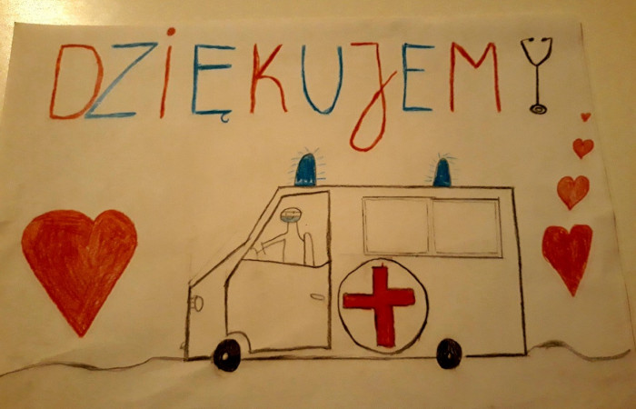 Rysunek dziecka - karetka, słowo dziękujemy