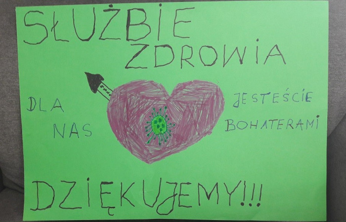 Rysunek dziecka - serce, słowo dziękujemy