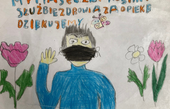 Rysunek dziecka - medyk, kwiaty