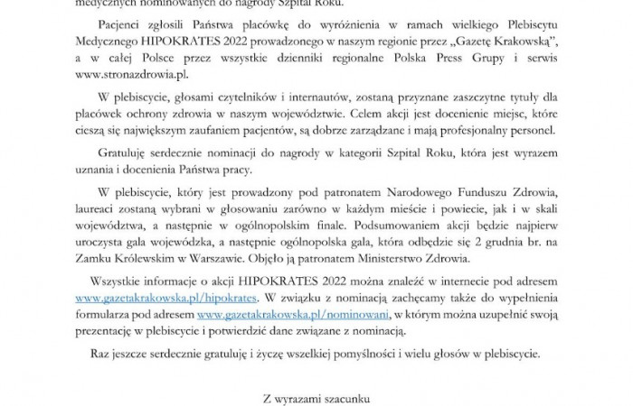 Nominacja - Szpital Roku